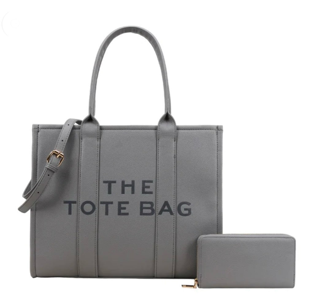 The Tote Bag Set Solid Print W/ Wallet | Gray | Free Wallet | Free shipping across United states