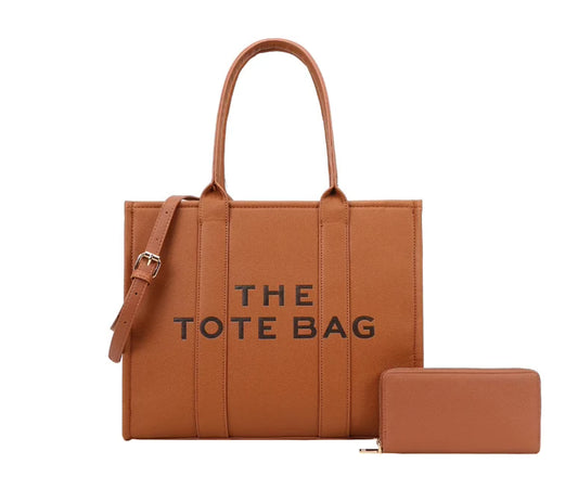 The Tote Bag Set Solid Print W/ Wallet | Brown | Free Wallet | Free shipping across United states